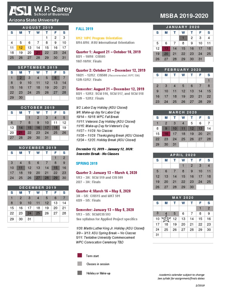 Asu Calendar Fall 2023 Msba Program Calendar 2019-2020 | Pdf | Academic Term | Holidays