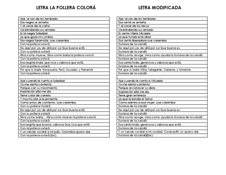 Letra La Pollera Colorá Pdf Entretenimiento General Ropa