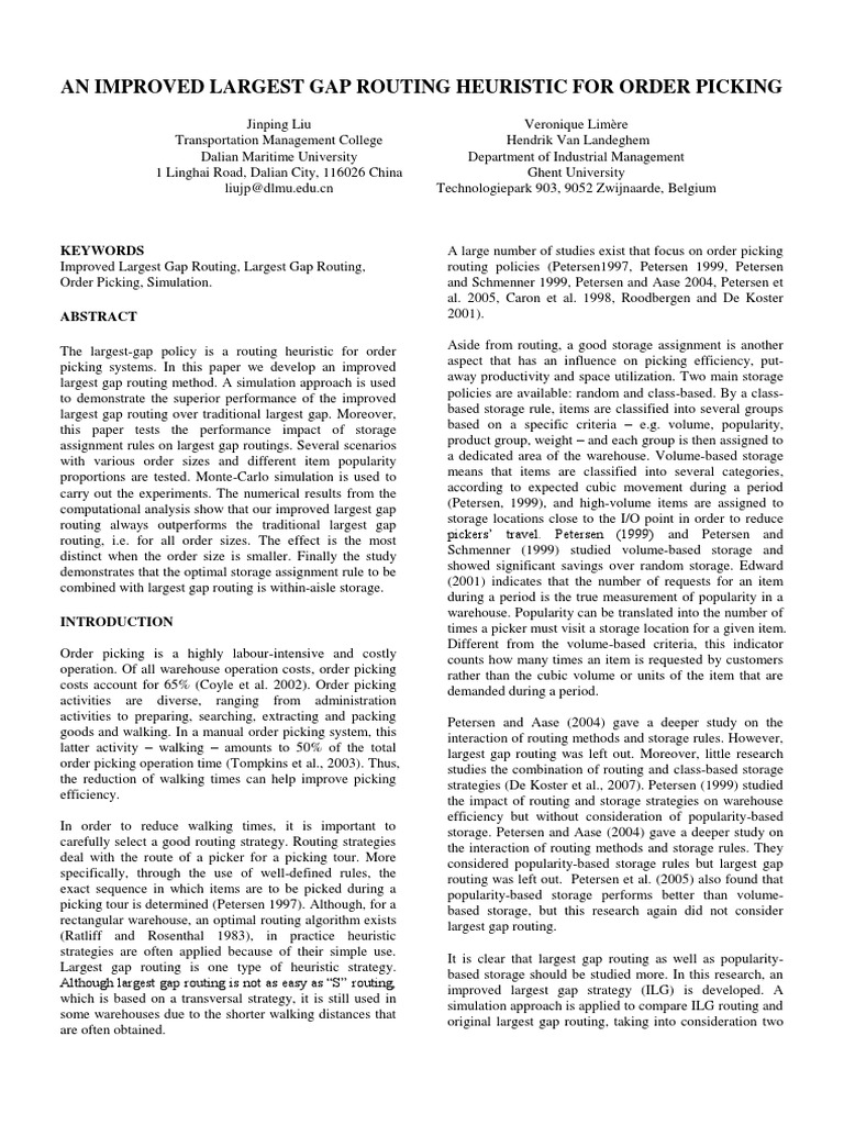 Improved Largest Gap Routing for Picking | PDF | Warehouse | Experiment