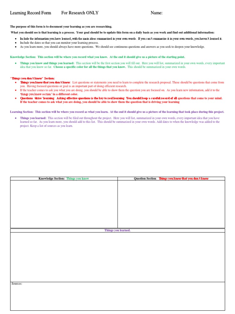 Research Learning Record Template | PDF | Question | Learning
