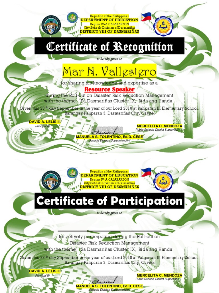 Certificate SDRRM Roll Out 2018 | PDF | Disaster And Accident