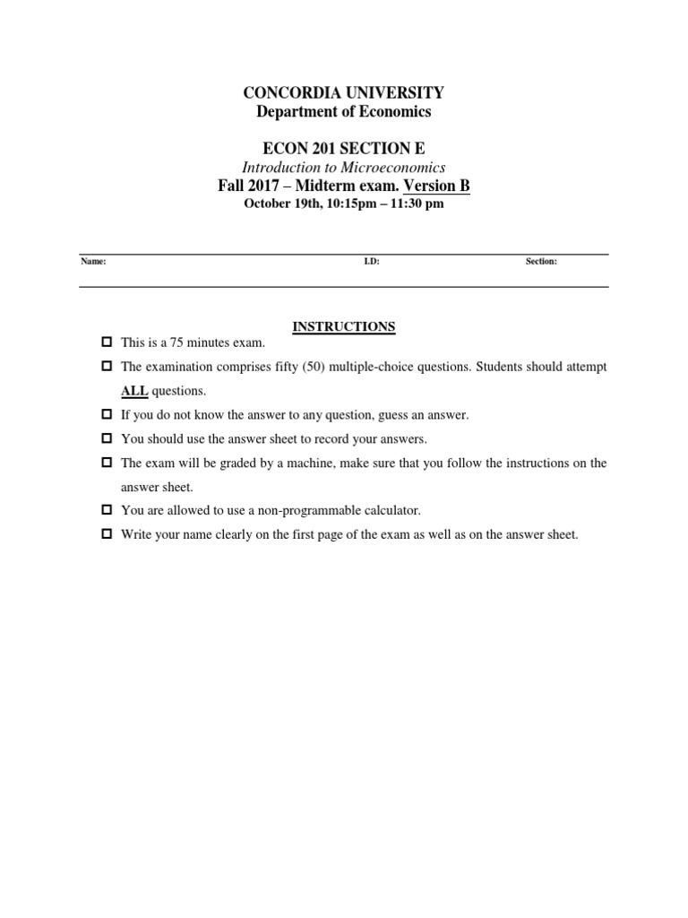 ECON 201 Microeconomics Midterm Exam | PDF | Supply And Demand | Price ...