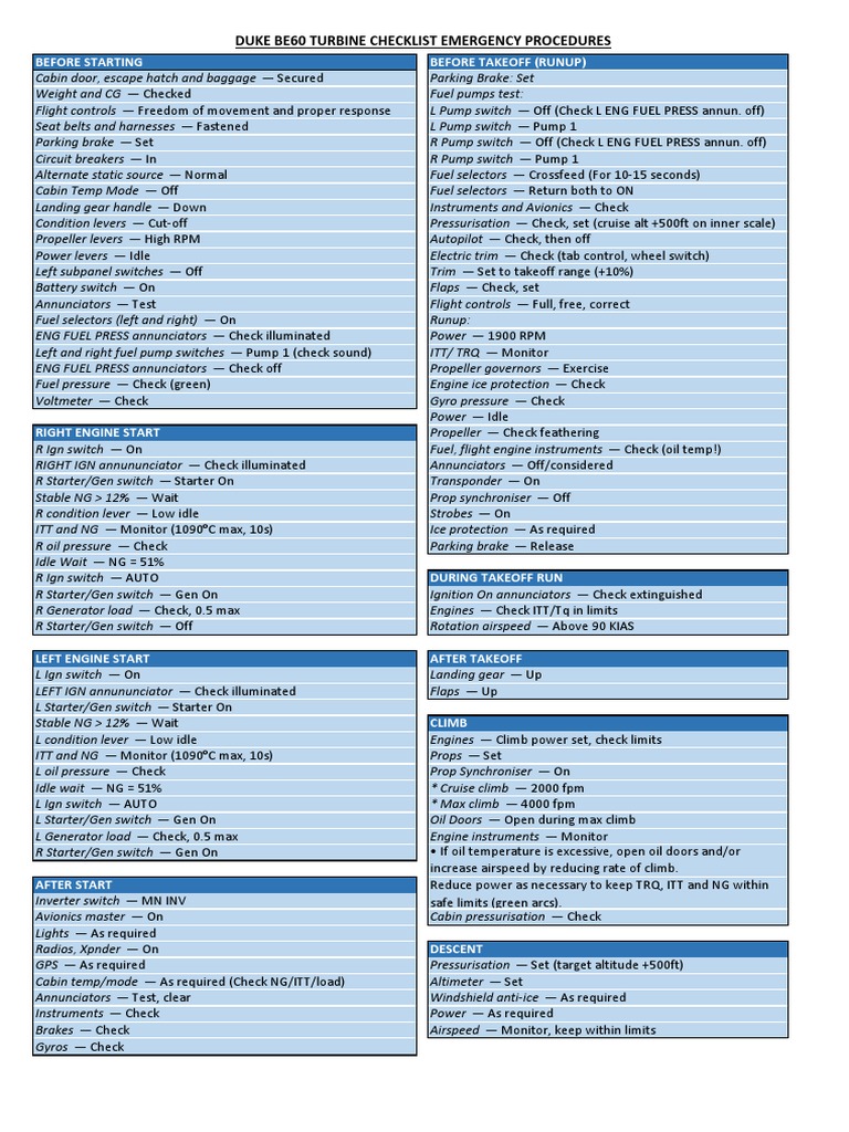 Duke BE60 Turbine Emergency Checklist | PDF | Takeoff | Landing Gear