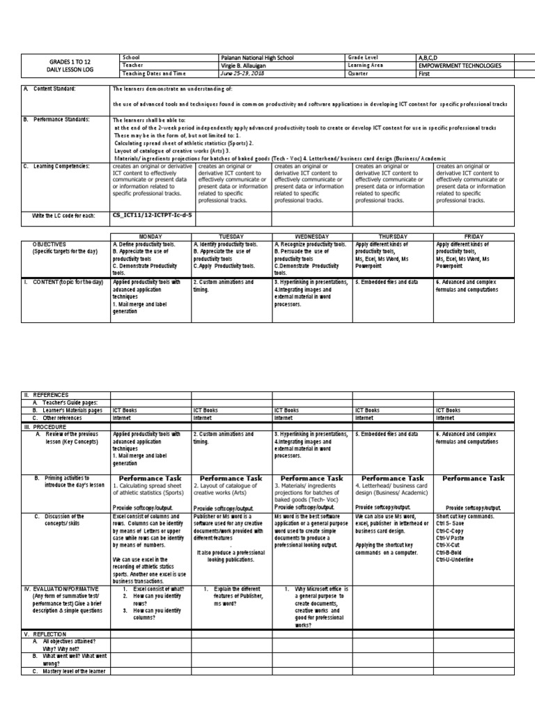 Daily Lesson Log: Empowerment Tech | PDF | Educational Technology ...