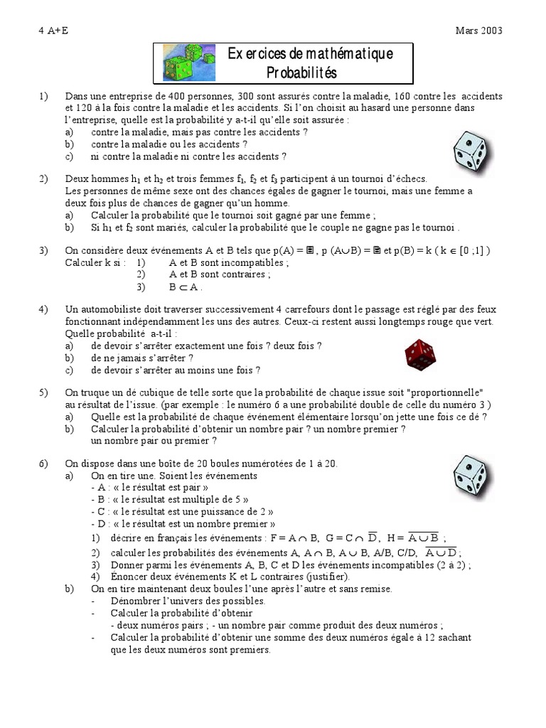 Exercice Probabilité Brevet Avec Corrigé Pdf Proba 1 Exercices PDF | PDF | Dé | Probabilité