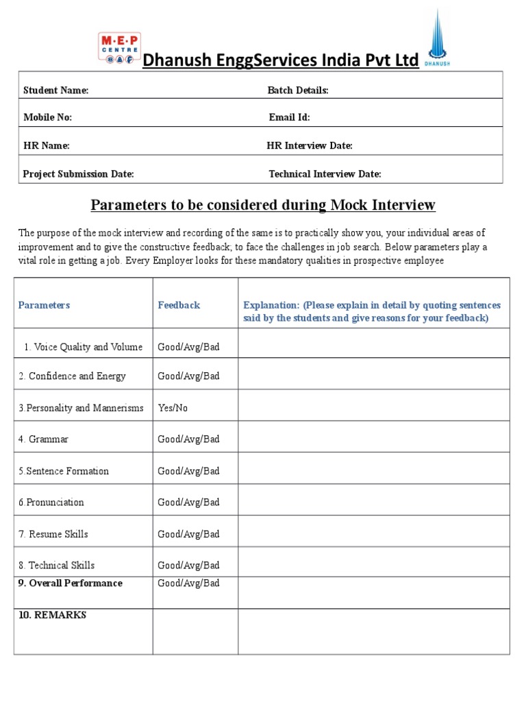 Mock Interview Parameters and Feedback | PDF | Career & Growth