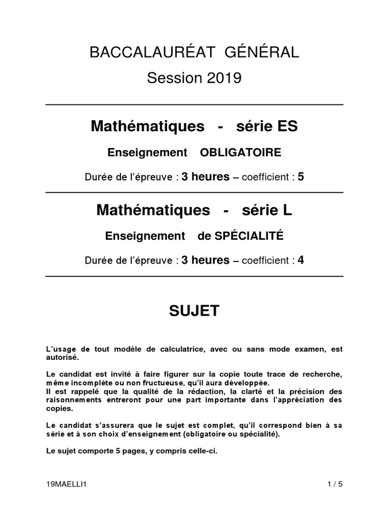 Sujets Liban Maths Bac Es 2019 Obligatoire Fonction - 