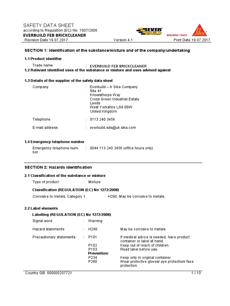 Safety Data Sheet for Everbuild Feb Brickcleaner Provides Information