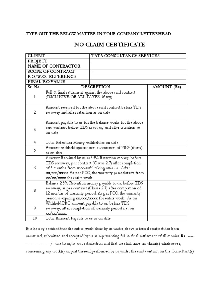 No Claim Certificate Format , No Due Certificate For Employee for India ...