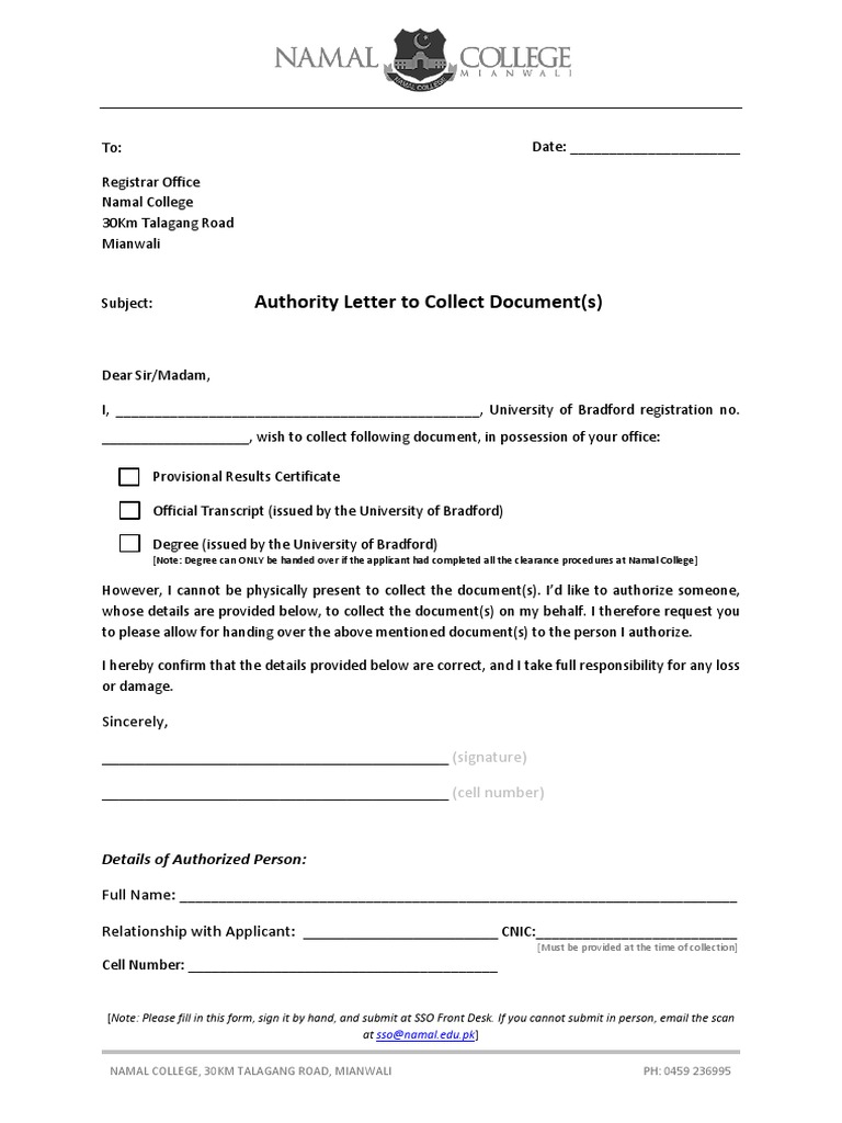 Authority Letter To Collect Documents – HGQV