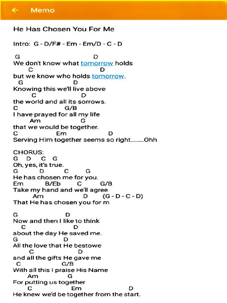 He Has Chosen You For Me Lyrics