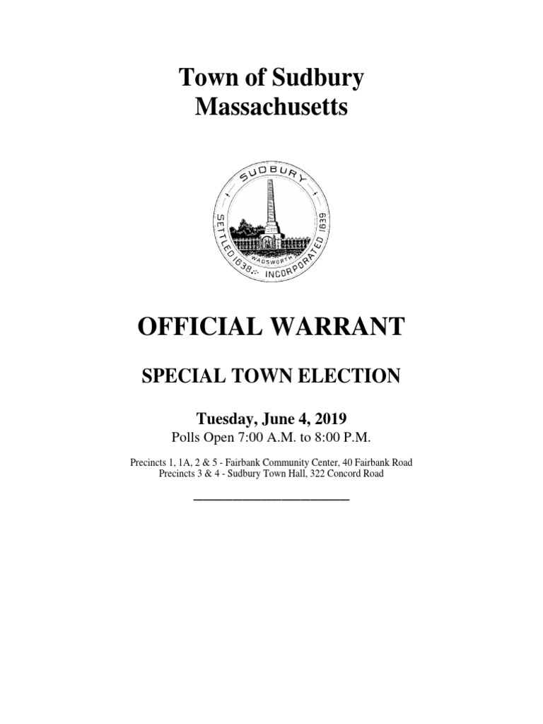 Sudbury Special Election Warrant PDF Taxes Debt