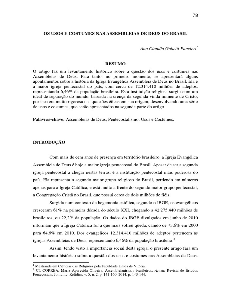 Os usos e costumes rígidos originais das Assembleias de Deus no Brasil PDF Pentecostalismo