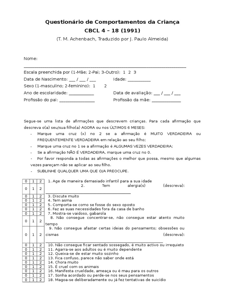 PDF) Triangulação de Informações: Bender, Anamnese e CBCL nas