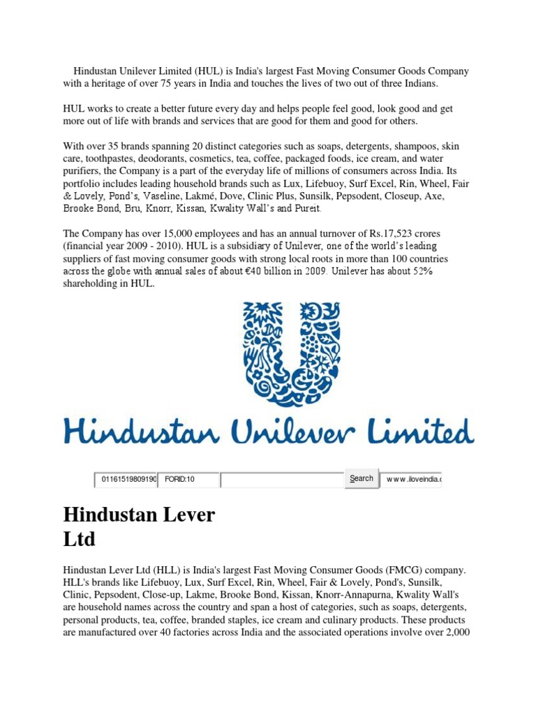 Hindustan Lever LTD 01161519809190 FORID10 Search W W W .Iloveindia.c