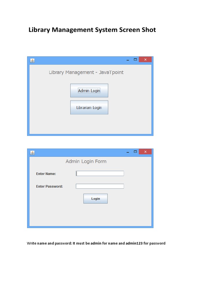 Library Management System Screen Shot: Write Name and Password: It Must ...