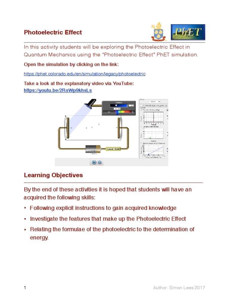 PhET Phototelectric Effect Qu PDF Emission Spectrum Light