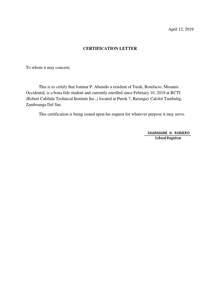 Certification Letter for Jonmar Abenido | PDF