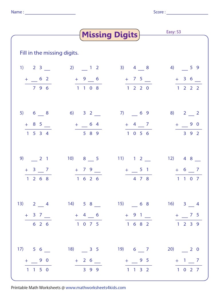 Fill in Missing Digits Worksheet | PDF