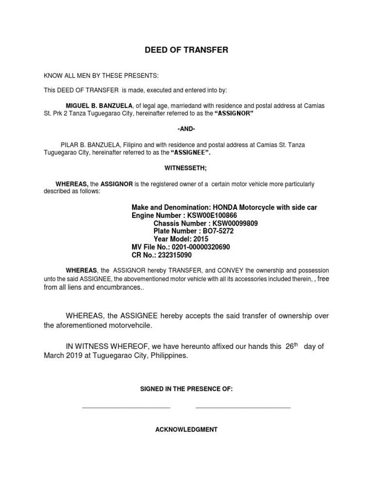 Deed of Transfer for Motor Vehicle | PDF | Law And Economics | Vehicles