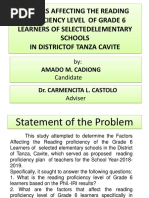 Actors Affecting The Reading Proficiency Level of Grade 6 Learners of Selectedelementary Schools in Districtof Tanza Cavite