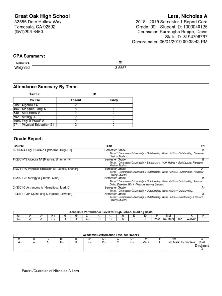 2018-2019 S1 Report Card Summary | PDF | Statistics Of Education ...