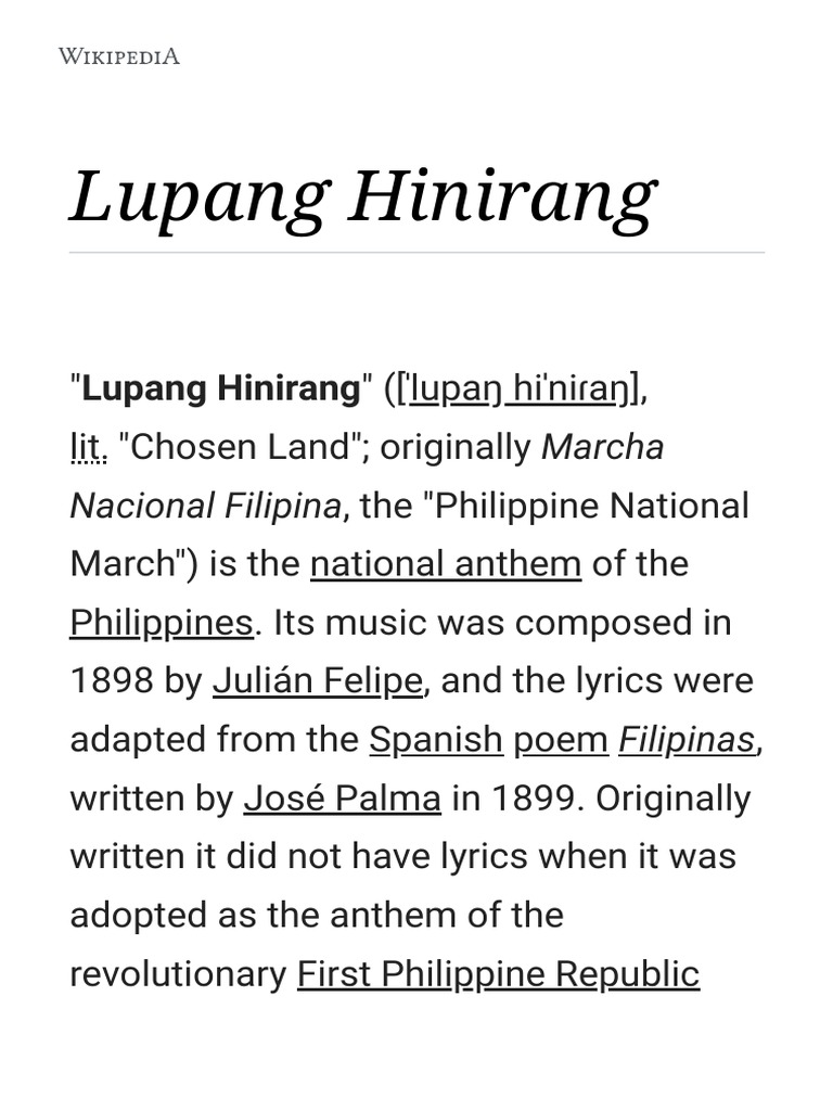 Lupang Hinirang - Wikipedia | PDF | Philippines