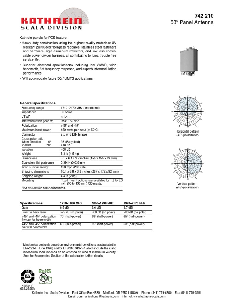 KATHREIN 742 210 68 Panel Antenna 1710 2170 MHZ PDF PDF Coaxial Cable Decibel