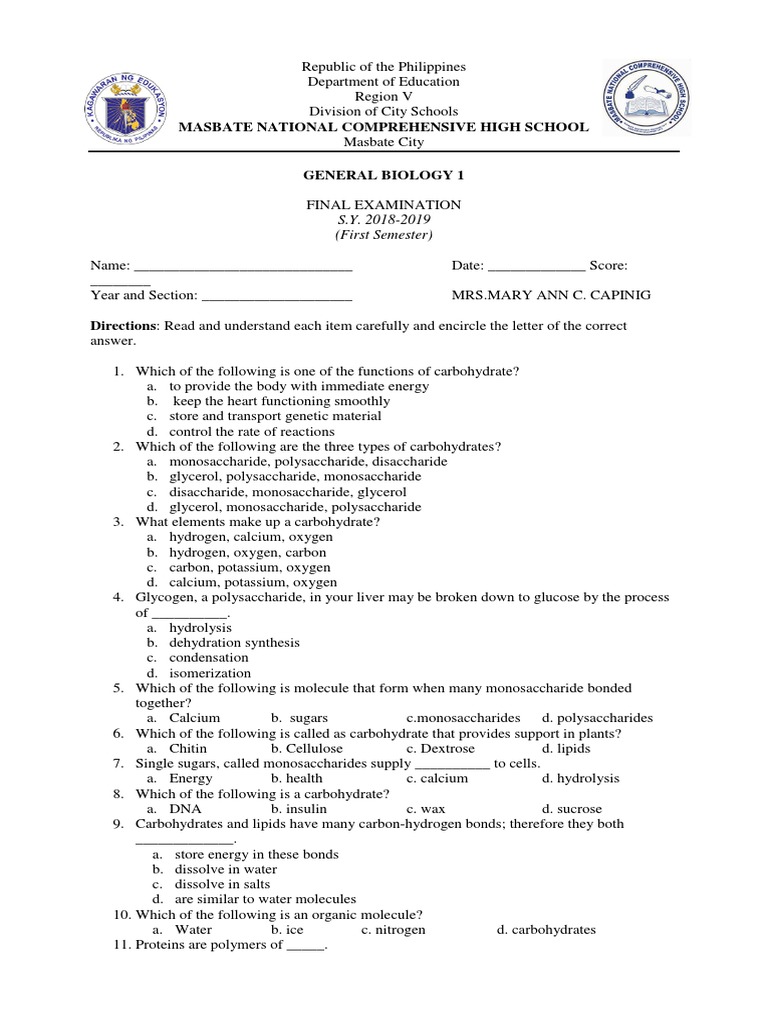 General Biology 1 Final Exam 2018-2019 | PDF | Carbohydrates | Lipid