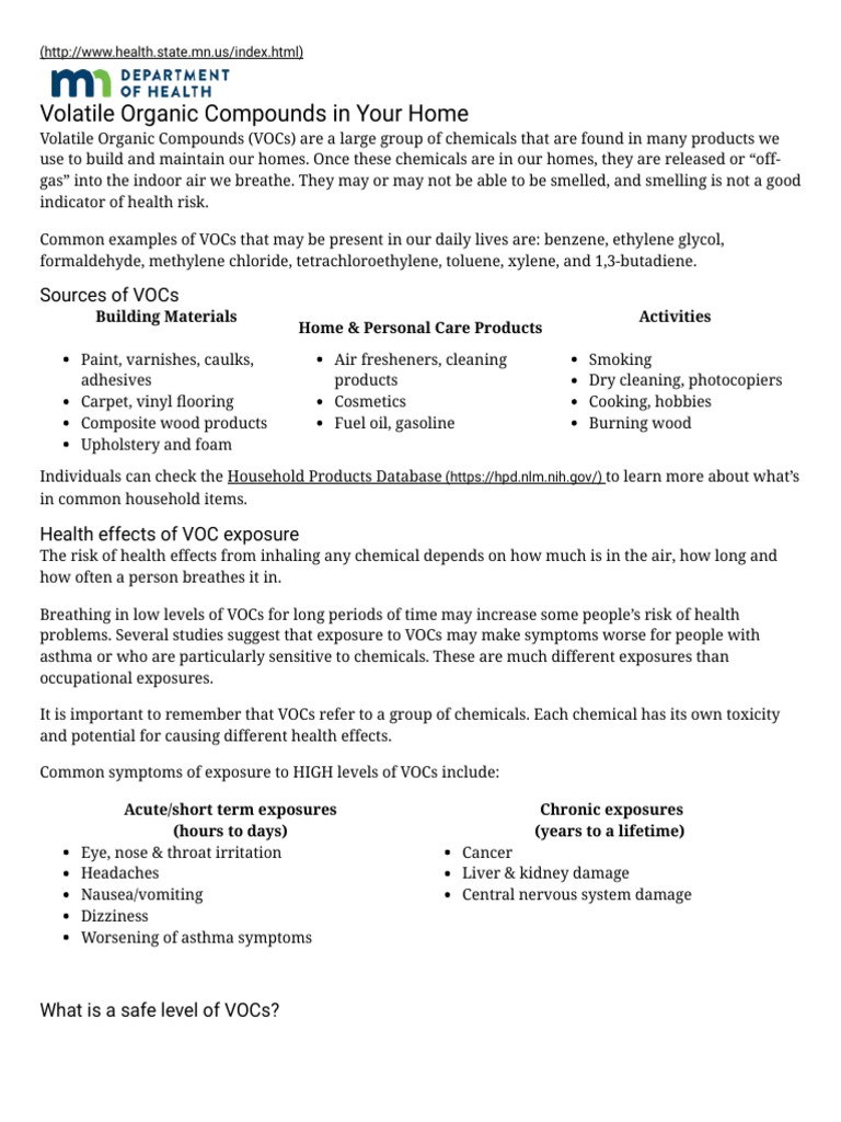 Volatile Organic Compounds (VOCs) in Your Home EH Minnesota Department of Health PDF