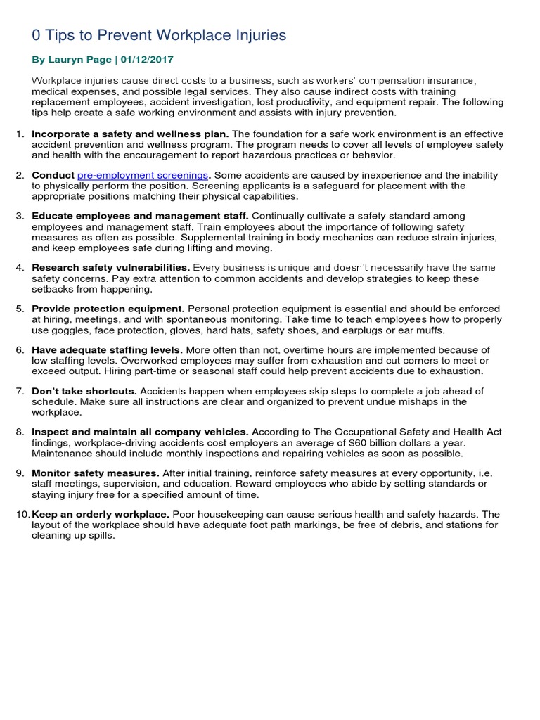 0 Tips To Prevent Workplace Injuries | PDF | Personal Protective ...
