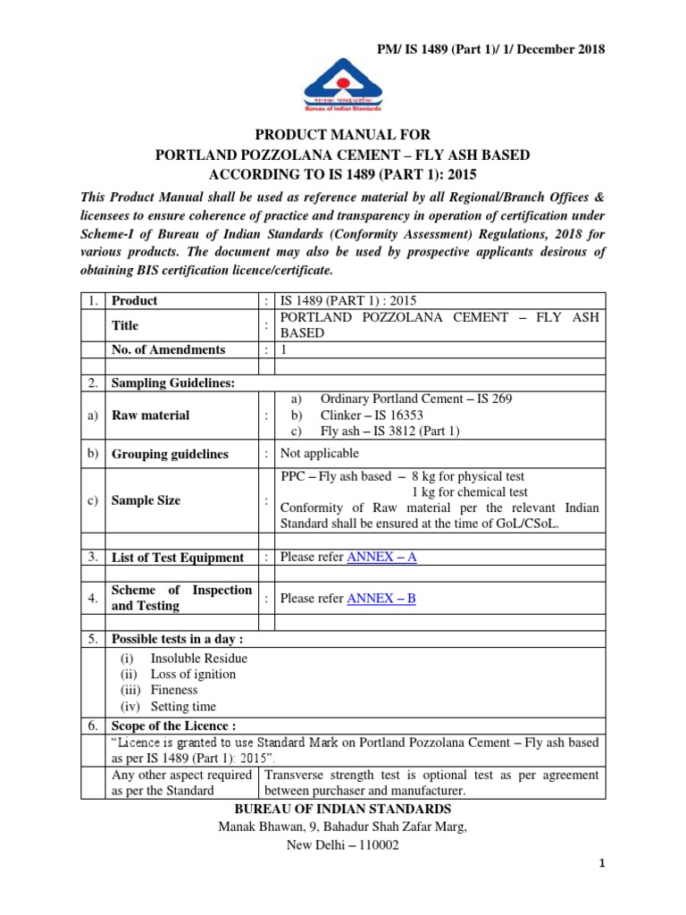 Is 1489 Part 1 Final Product Manual PDF Calibration Fly Ash