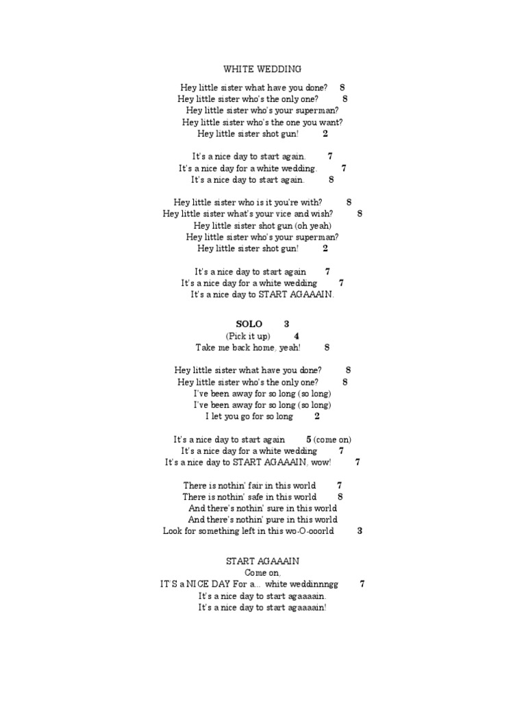 Billy Idol White Wedding Lyrics For Karaoke PDF Songs Written Songs