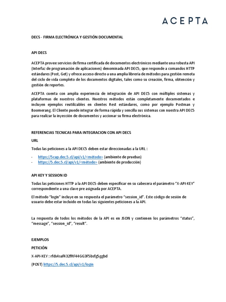 Integración y Uso de API DEC5 | PDF | Protocolo de Transferencia de ...