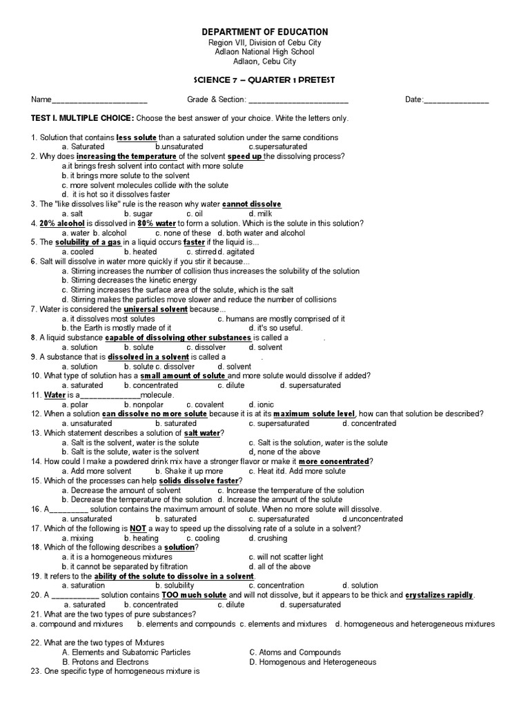 Science 7 Quarter 1 Pretest Questions | PDF | Solution | Solubility