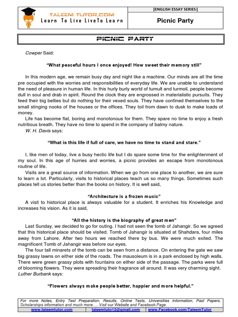 Picnic Party Essay English Taleem Tutor PDF
