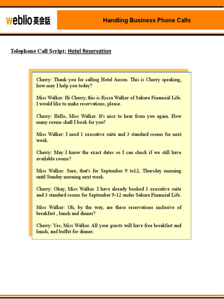 Hotel Reservation Call Script | PDF