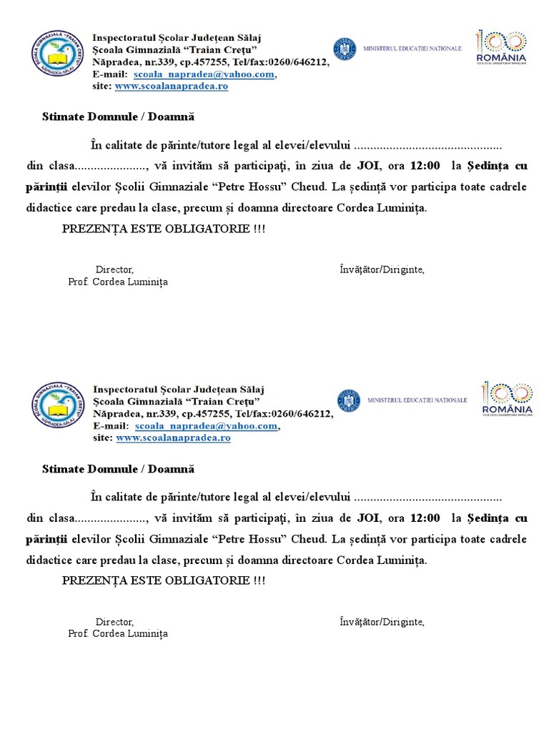 Invitatie Sedinta Cu Parintii
