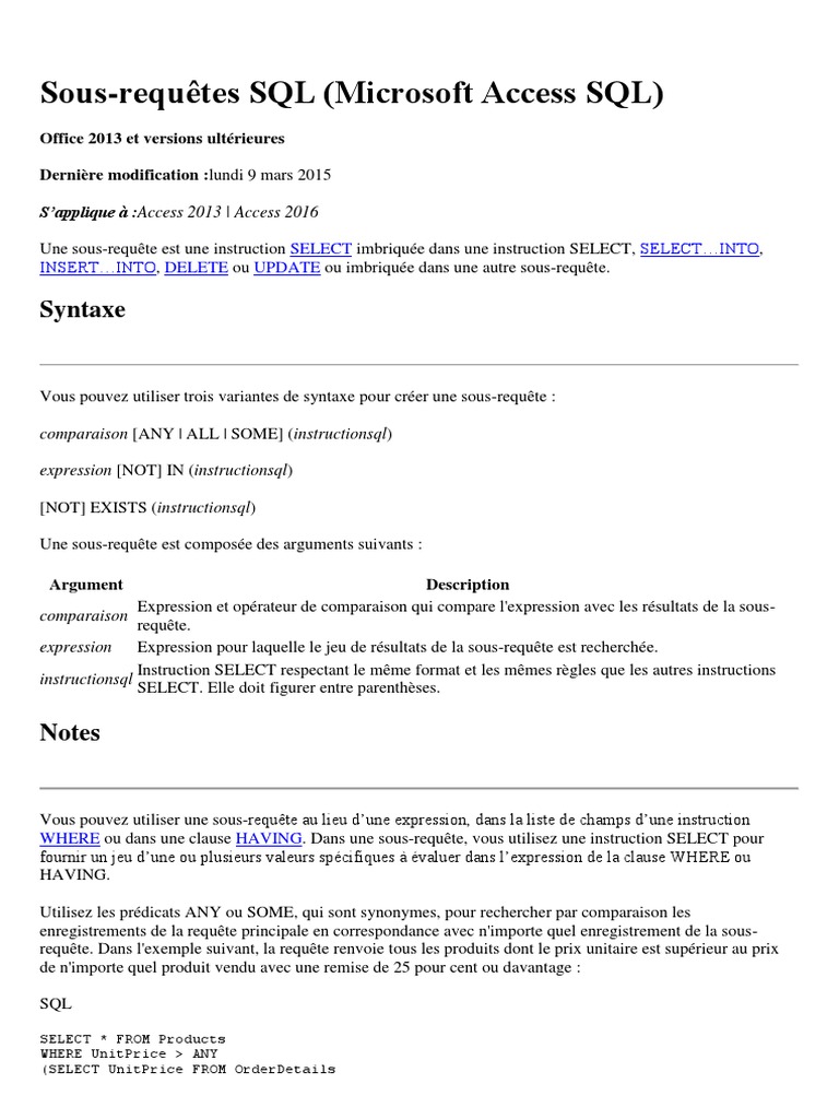 Sous-requêtes SQL dans Microsoft Access | PDF | SQL | Gestion des données