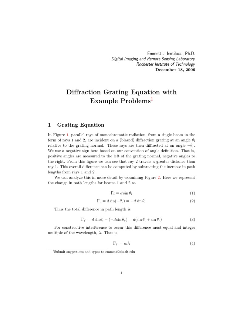 Diffraction Grating Example Problems PDF | PDF | Diffraction | Wavelength