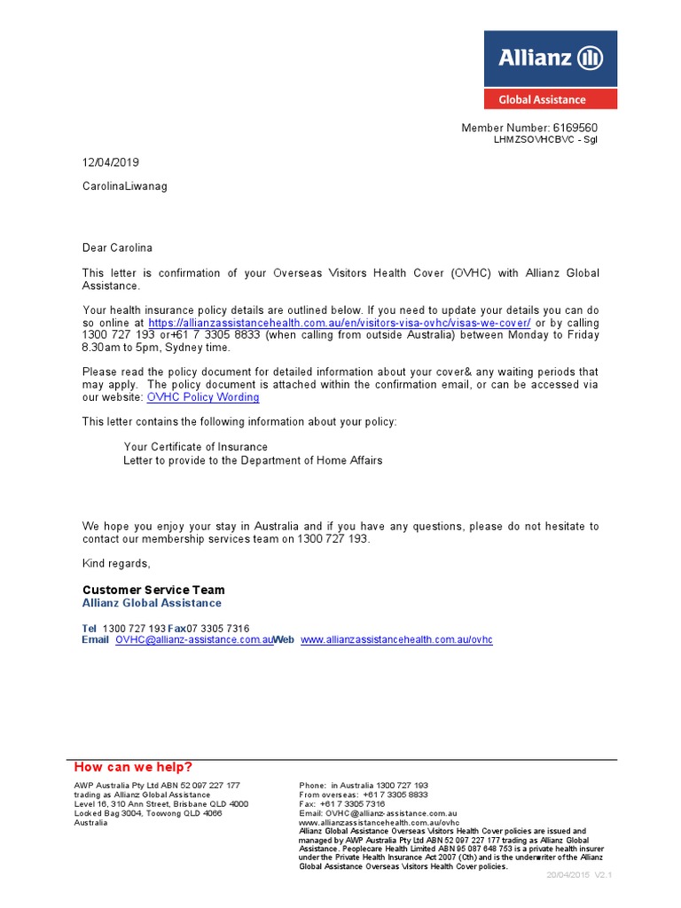 Visa Letter and Certificate of Insurance | Emergency Department