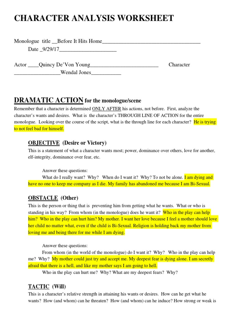 Actor's Character Analysis Sheet | PDF | Love | Cognitive Science
