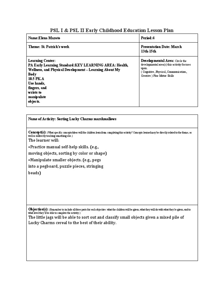 PSL I & PSL II Early Childhood Education Lesson Plan PDF Lesson Plan Teachers
