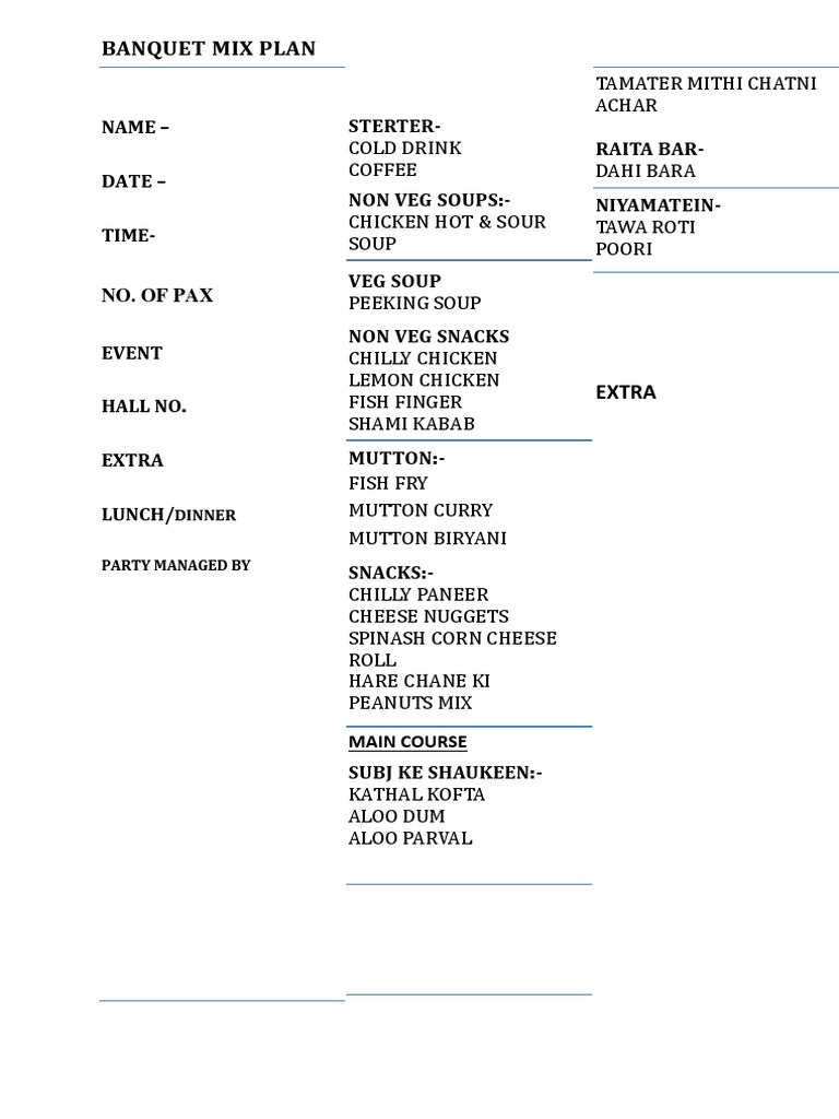Banquet Menu Plan for Events | PDF