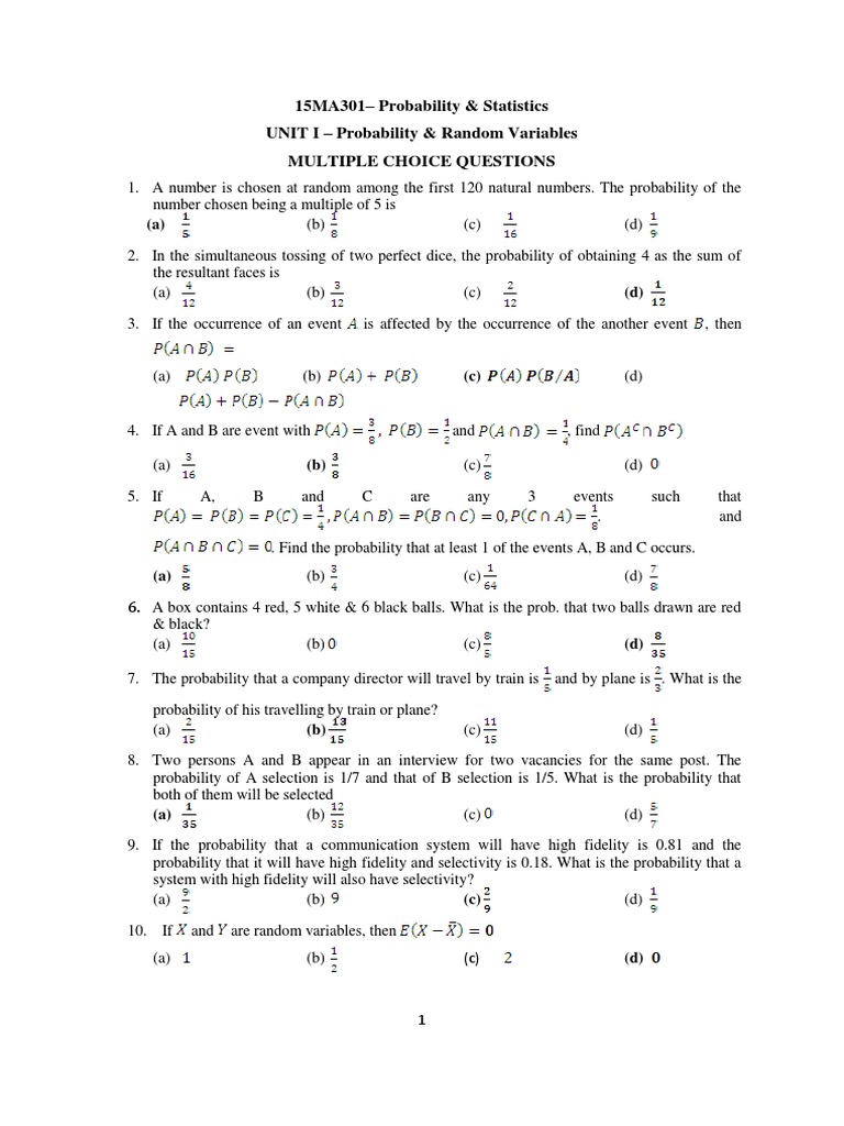 15ma301 Mcq Unit 1 Unit 5 Type I And Type Ii Errors Statistical Hypothesis Testing