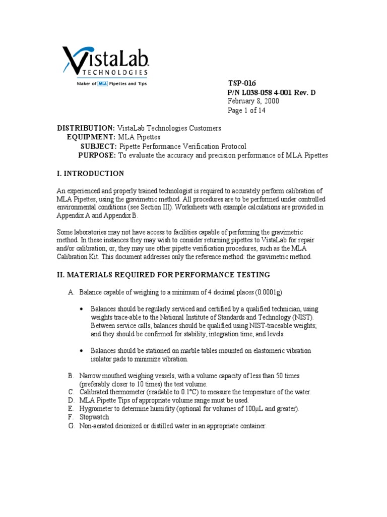 MLA Pipette Performance Verification PDF Standard Deviation Calibration