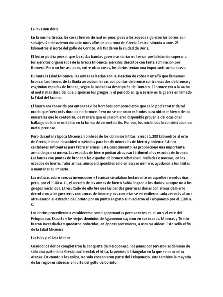 La Invasión Doria PDF Grecia micénica Edad de Bronce