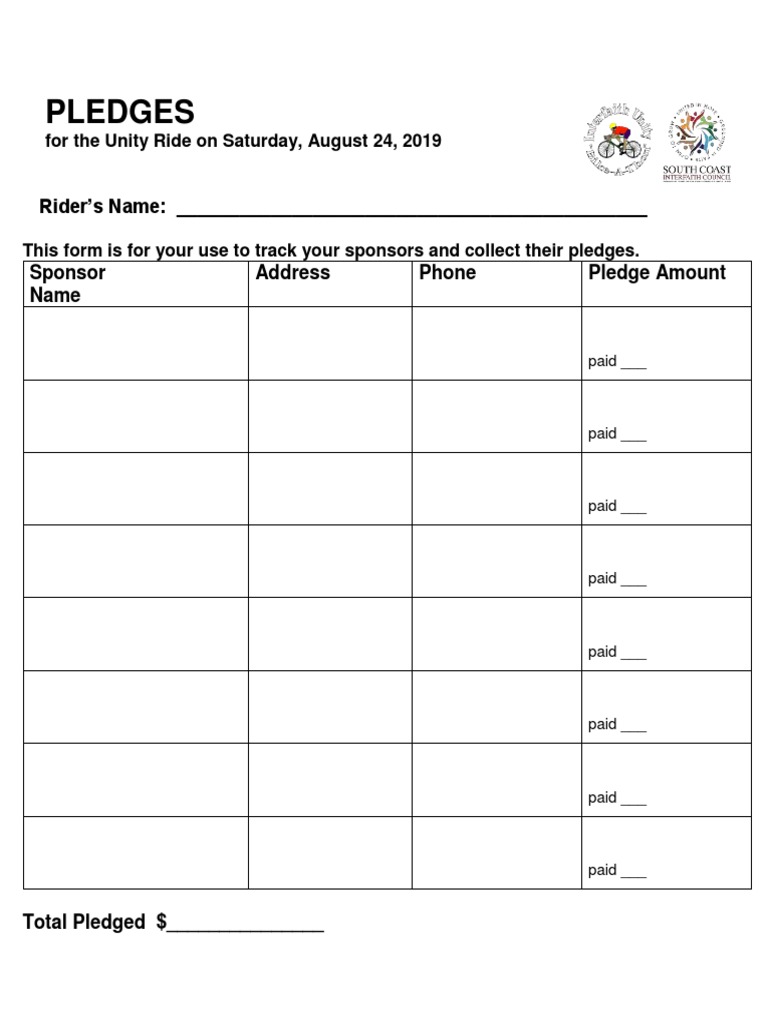 Unity Ride Pledge Tracking Form | PDF