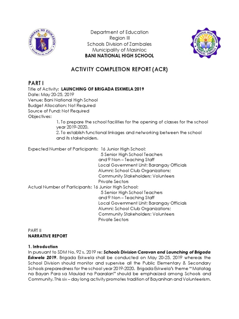 Activity Completion Report Brigada Eskwela 2019 Pdf