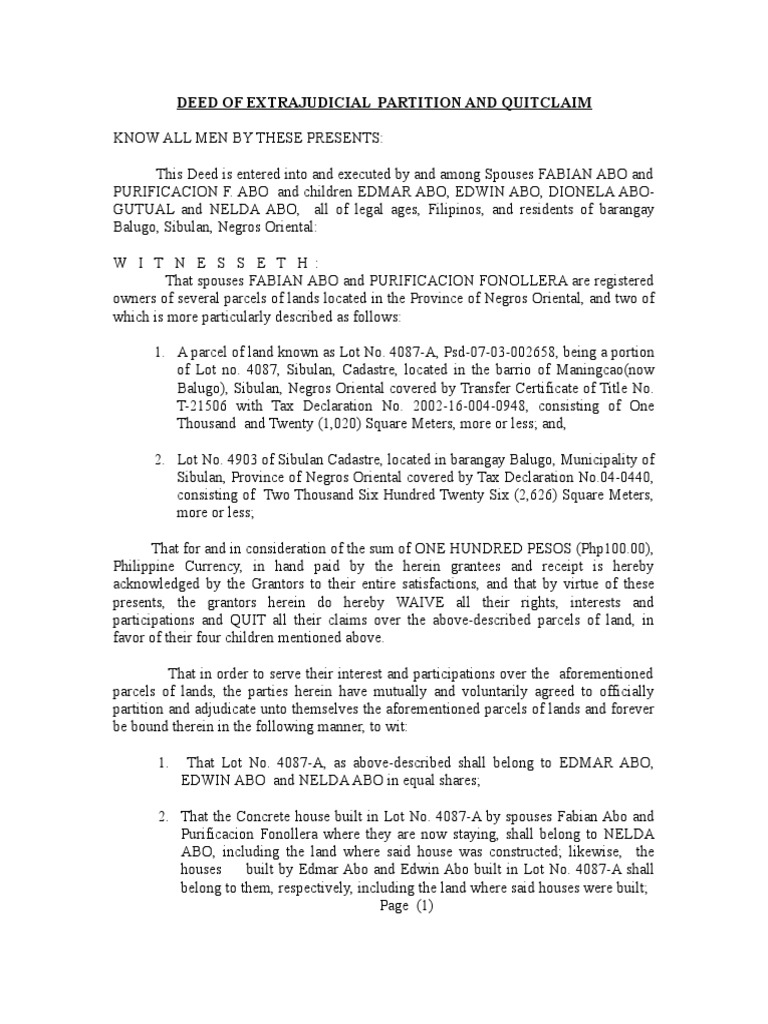 DEED OF EXTRAJUDICIAL SETTLEMENT AND PARTITION and quitclaim.doc